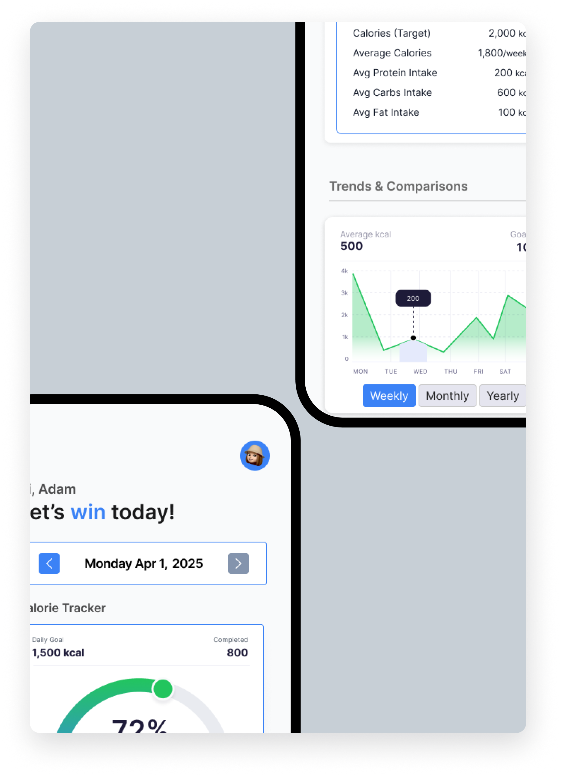 App screenshots showing nutrition tracking and insights
